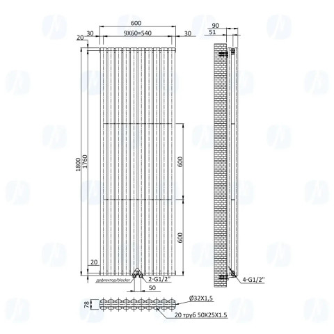 Вертикальний радіатор Ellipse Double 600х1800-10 (50 мм), anticor, чорний муар