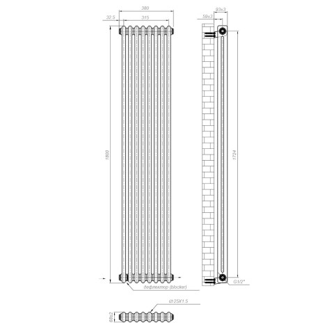 Вертикальний радіатор Calidum 2-8 380х1800, anticor, білий