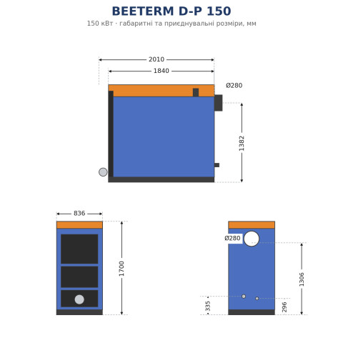 Твердопаливний котел 150 кВт BEETERM D-P 150 до 1500 м² обігріву