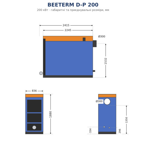 Твердопаливний котел 200 кВт BEETERM D-P 200 до 2000 м² обігріву