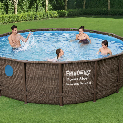 Каркасний басейн Bestway 488x122 см круглий з картриджним фільтром 19,5 м³ ротанг зі сходами та тентом (56725)