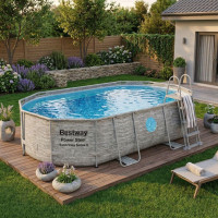 Каркасний басейн Bestway 488x305x107 см овальний з пісочним фільтром 10,9 м³ зі сходами, тентом та дозатором хлору (56946)