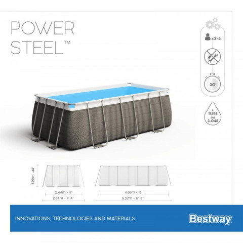 Каркасний басейн Bestway 488x244x122 см прямокутний без фільтра 11,5 м³ зі сходами, дозатором хлору та тентом (56996)