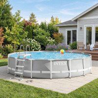 Каркасний басейн Intex 457x107 см круглий з картриджним фільтром 14,6 м³ зі сходами, тентом та підкладкою (26724)
