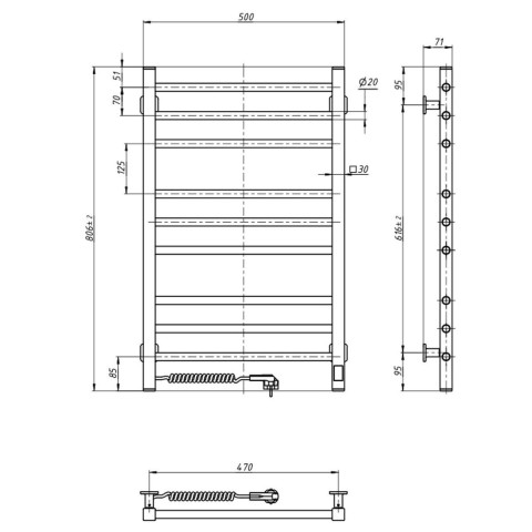 Рушникосушка електрична чорна EF 800L 500 x 800