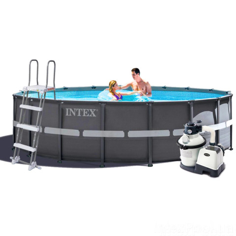 Каркасний басейн Intex 488x122 см круглий з пісочним фільтром 19,2 м³ зі сходами, тентом та підкладкою (26326)