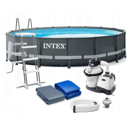 Каркасний басейн Intex 488x122 см круглий з пісочним фільтром 19,2 м³ зі сходами, тентом та підкладкою (26326)