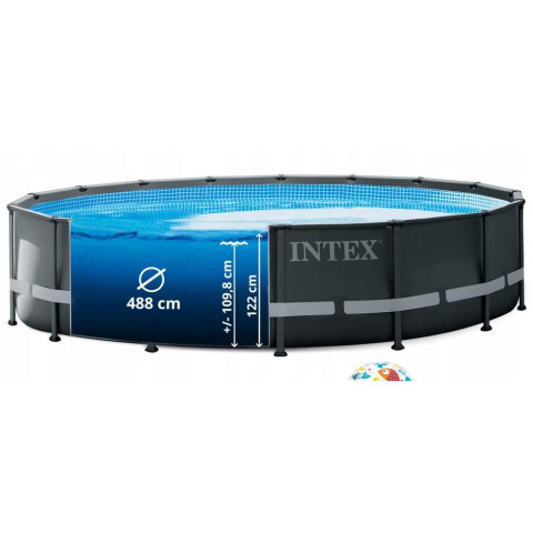 Каркасний басейн Intex 488x122 см круглий з пісочним фільтром 19,2 м³ зі сходами, тентом та підкладкою (26326)