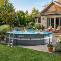 Каркасний басейн Intex 610x122 см круглий великий з пісочним фільтром 30,1 м³ зі сходами, тентом та підстилкою (26334)