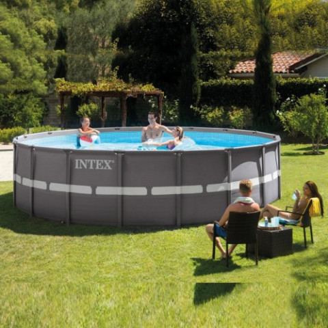 Каркасний басейн Intex 610x122 см круглий великий з пісочним фільтром 30,1 м³ зі сходами, тентом та підстилкою (26334)