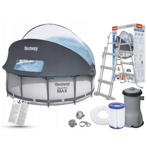 Каркасний басейн Bestway 366x100 см круглий з картриджним фільтром 9,2 м³ з куполом та сходами та складаним куполом (5619N)