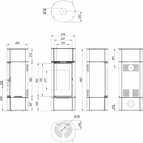 Польська піч на дровах до 90 м² сталева Defro Home ORBIS EXTENTO F золота 9 кВт (1497х576х505 мм)