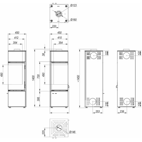 Польська піч на дровах до 90 м² сталева Defro Home QUADROOM LONG Чорний 9 кВт 1450х450х450 мм