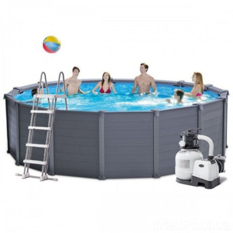Каркасний басейн Intex 478x124 см круглий з пісочним фільтром 16,8 м³ зі сходами, тентом та підстилкою сайдинг (26384)