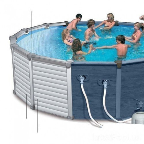 Каркасний басейн Intex 478x124 см круглий з пісочним фільтром 16,8 м³ зі сходами, тентом та підстилкою сайдинг (26384)
