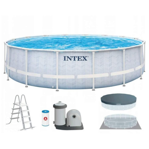 Каркасний басейн Intex 488x122 см круглий з картриджним фільтром 19,2 м³ зі сходами та тентом Chevron (26746)