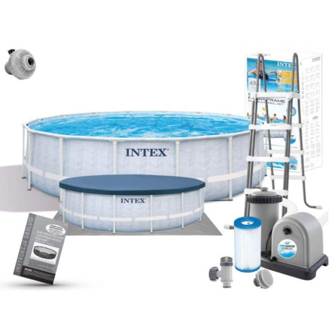 Каркасний басейн Intex 488x122 см круглий з картриджним фільтром 19,2 м³ зі сходами та тентом Chevron (26746)