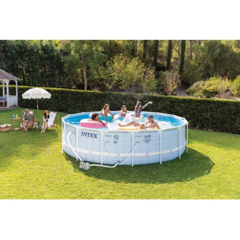 Каркасний басейн Intex 488x122 см круглий з картриджним фільтром 19,2 м³ зі сходами та тентом Chevron (26746)