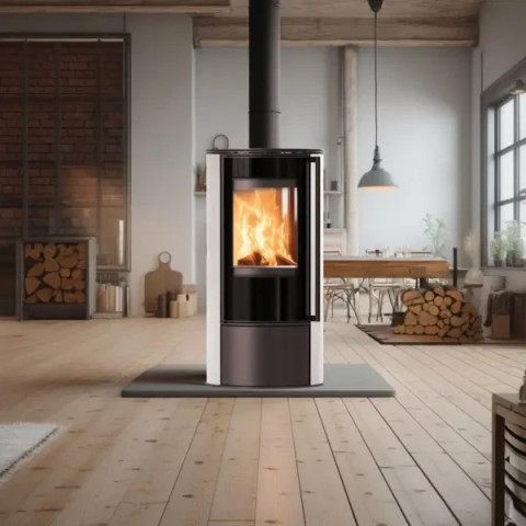 Сталева піч-камін Kratki ERIK Ø 150 в оздобленні акумуляційною керамікою WHITE NATURAL ( кВт)