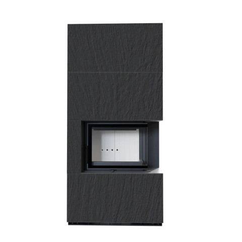 Камін Kratki FLOKI BOX правий 8 kW Ø 160 в обудові з керамограніту NATURALI ARDESIA NERO A SPACCO