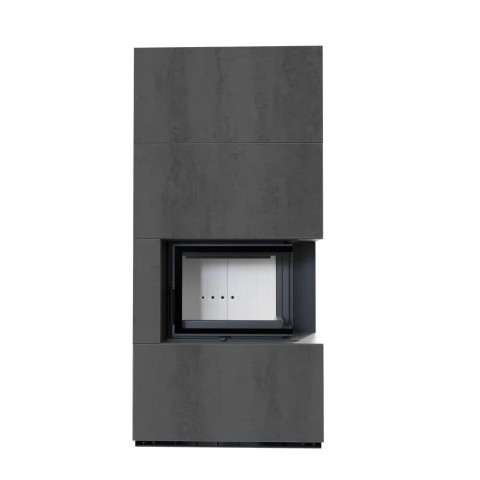 Камін Kratki FLOKI BOX правий 8 kW Ø 160 в обудові з керамограніту NATURALI PIETRA DI SAVOIA ANTRANCITE BOCCIARDATA