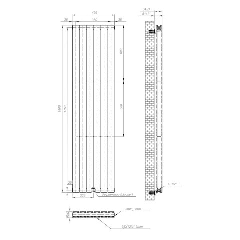 Вертикальний радіатор Largo Double 456х1800-6, anticor, чорний муар