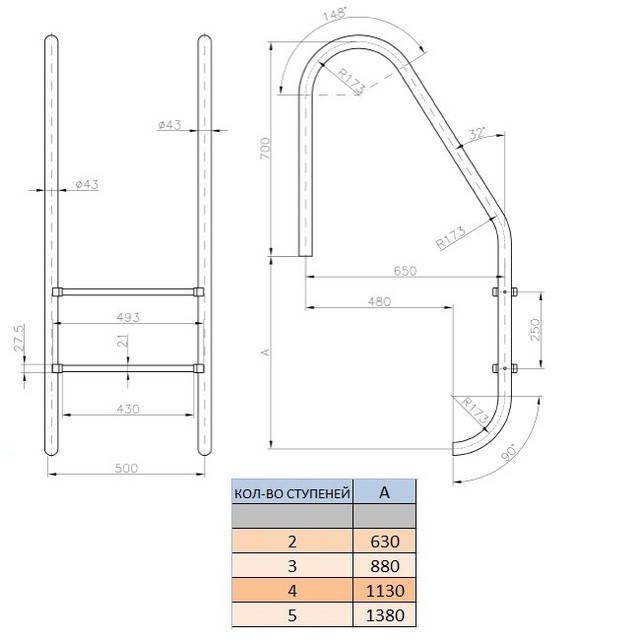 Лестница в бассейн Kripsol standard на 2 ступеньки чертеж