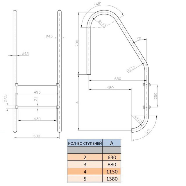 Лестница в бассейн Kripsol standard на 2 ступеньки чертеж