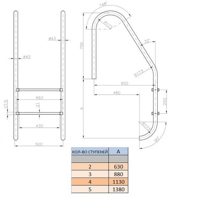 Лестница в бассейн Kripsol standard на 2 ступеньки чертеж